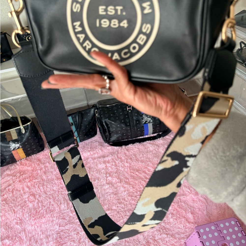 Marc Jacobs Black Leather Crossbody with Beige & Black Camo Strap